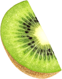 A slice of kiwi fruit topped with JB Syrups on a beige background.